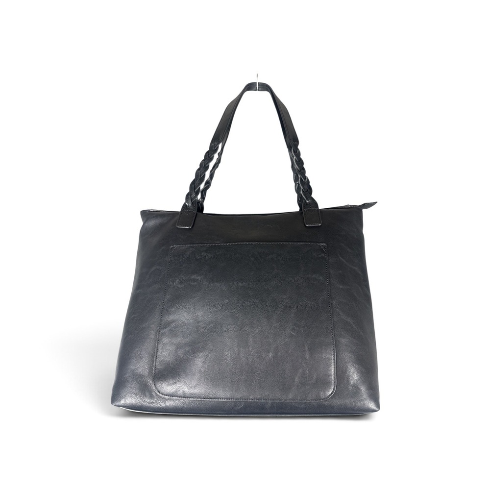 Joy Susan Black Vegan Leather Tote Bag Braided Handle Large Shoulder Bag Pocket